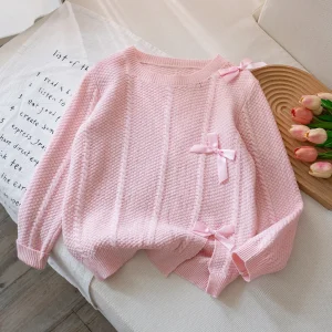 Felpa con cappuccio lavorata a maglia con fiocco in tinta unita stile carino da ragazza adatta per le vacanze quotidiane primavera, autunno, inverno 1