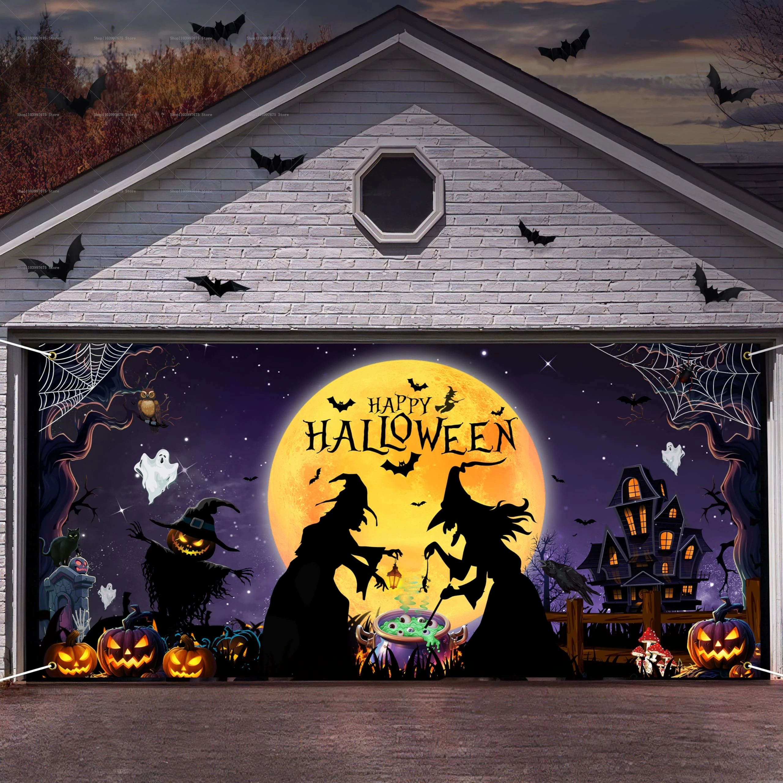 Halloween Strega Zucca Porta del garage Banner Decorazione Fondale fotografico Pareti esterne Eventi Sfondo Puntelli Forniture per feste 1