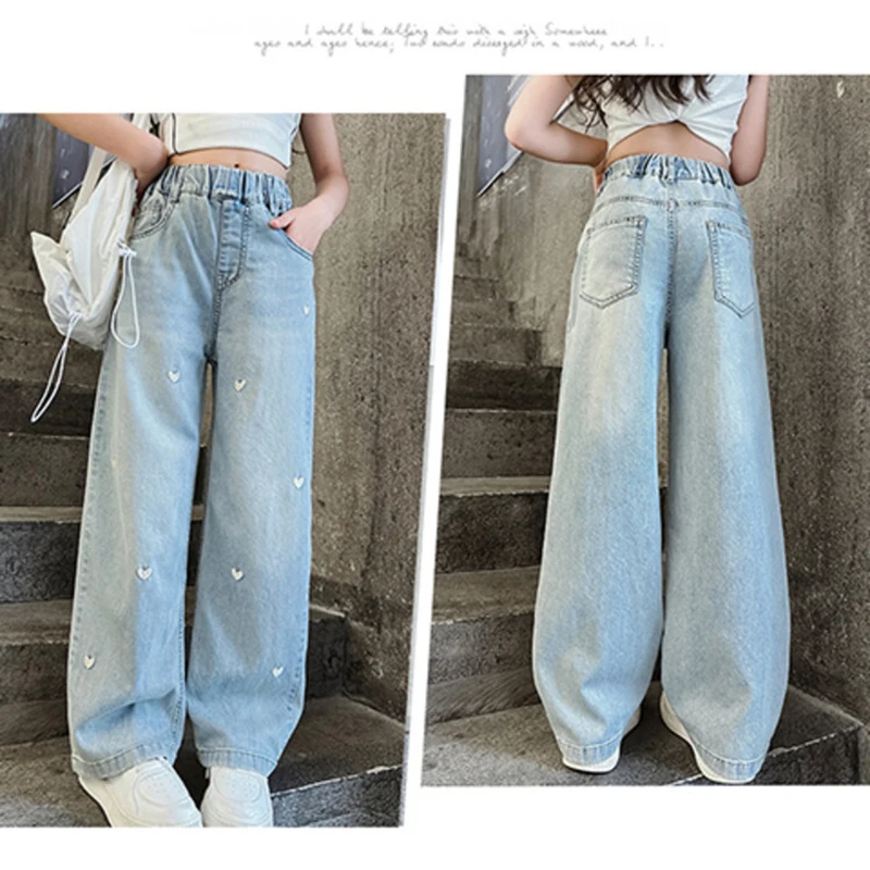 Nuovi jeans per ragazze adolescenti traspiranti autunno estate stampa completa modello a cuore pantaloni in denim a gamba larga per bambini da 4 a 14 anni 3
