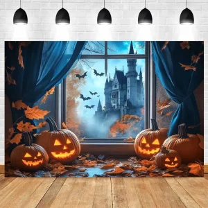 Sfondo di Halloween per la fotografia Sfondi per feste di zucca autunnale Foglia autunnale Pipistrello Decorazioni per castelli per finestre di casa Banner 1