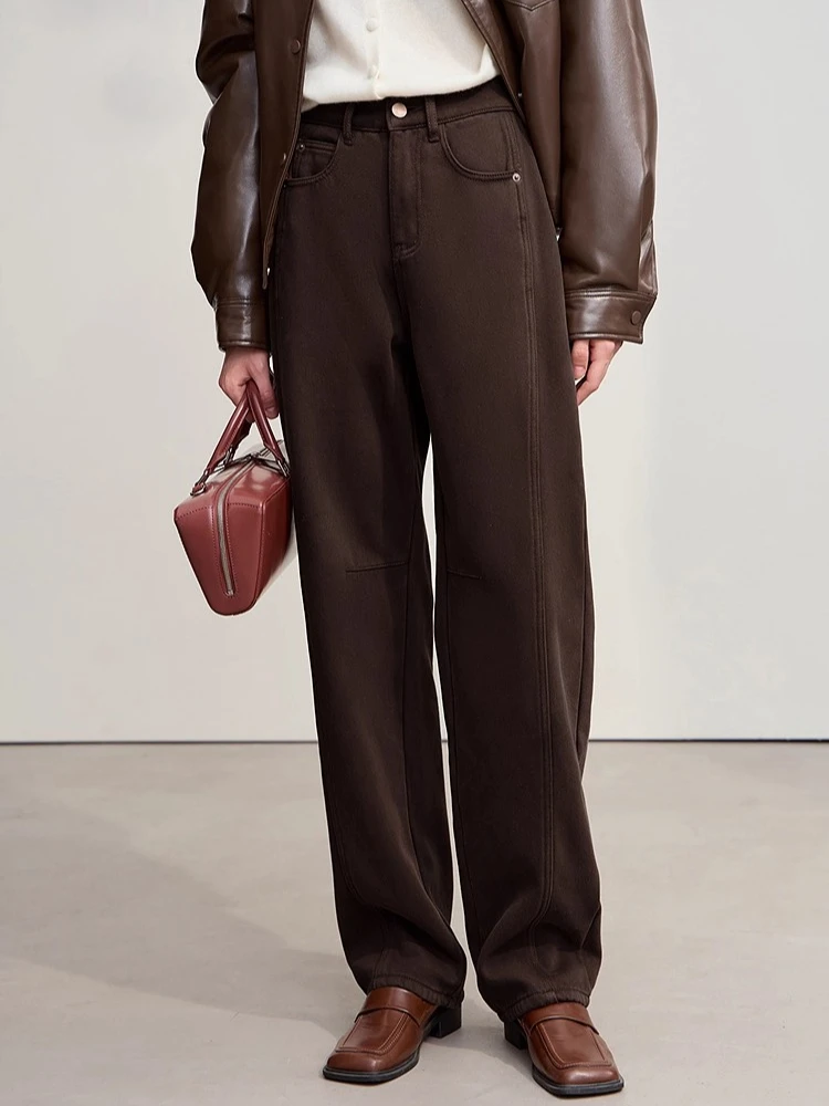 Amii Jeans in cotone 2025 Inverno Nuovo colore solido Pantaloni in denim larghi a gamba larga Addensare Pantaloni jeans versatili caldi per le signore 12554073 1