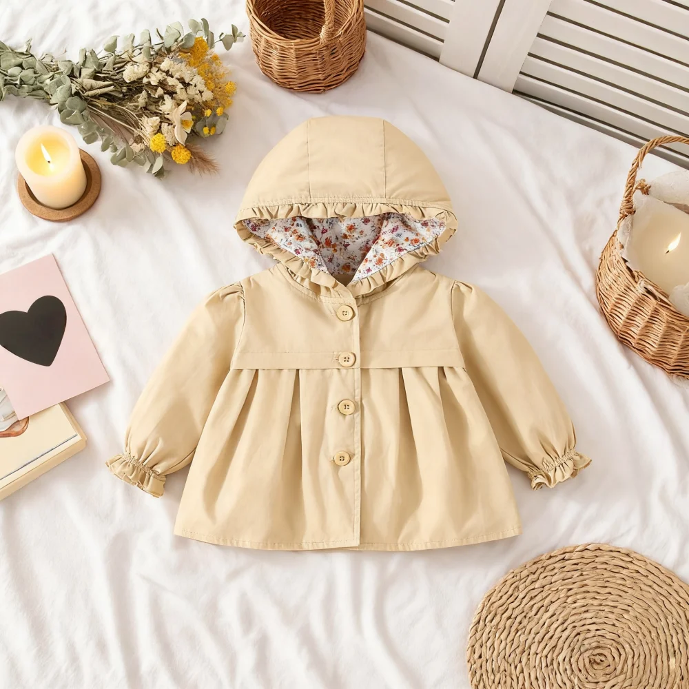 Abbigliamento per bambini Primavera e autunno Giacca per bambini con cappuccio in cotone tinta unita Giacca a vento per ragazze casual Cappotto per bambina 5