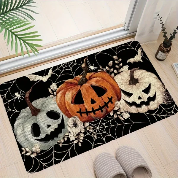 Tappeto decorativo con zucca di Halloween Tappetino con design a ragnatela di zucca nera Tappetino decorativo per porta d'ingresso spaventoso e spettrale 3