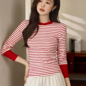T-shirt a righe a contrasto Abbigliamento donna Top a maniche lunghe 2025 Autunno e inverno Nuovo O-Collo Casual Pullover Camicia che tocca il fondo 1