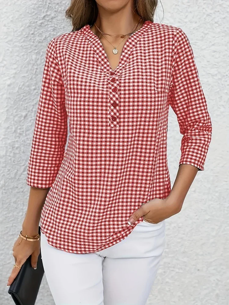 Plus Size Primavera Autunno Donna Fine Plaid Moda Manica lunga Camicetta con scollo a V Slim Fit Temperamento Top Pancia che copre Piccole camicie 3