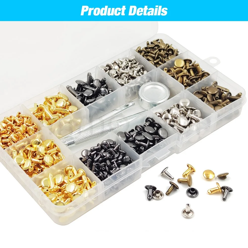 Rivetti a doppio cappuccio in metallo Chiodo a punta tonda con kit di attrezzi per scarpe Borsa Cintura Artigianato in pelle Riparazione Abbigliamento Accessori per indumenti 3
