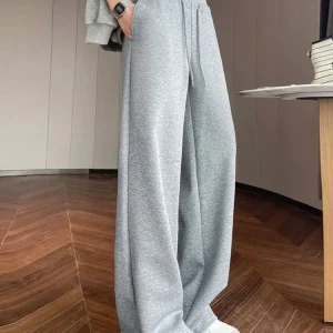 2025 Autunno Nuovi Pantaloni sportivi con coulisse Pantaloni dritti a vita alta grigi da donna Pantaloni neri casual versatili semplici da donna 1