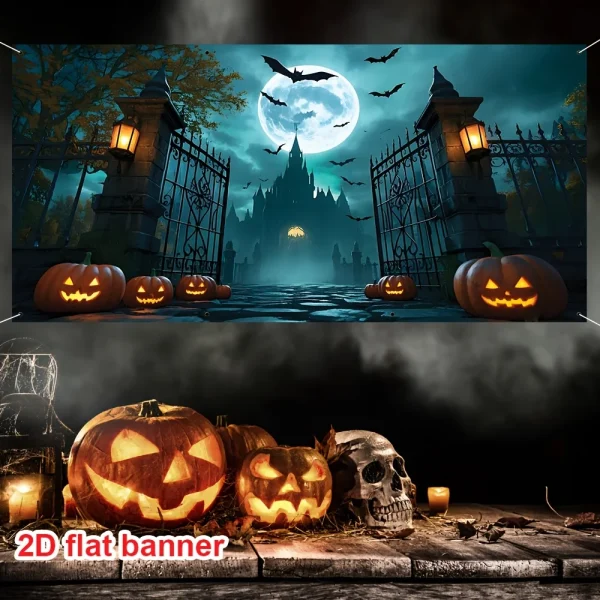 Banner per porta 2D, grande banner per porta del garage di Halloween, classica decorazione del castello con pipistrelli e lanterne di zucca 5