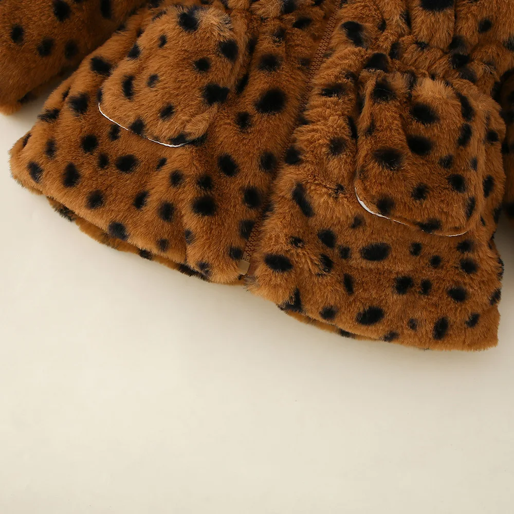 Cappotto da bambina Autunno/Inverno Stampa leopardata Giacca da ragazza calda con cappuccio Orecchie carine Capispalla per bambini Vestiti invernali per bambini 6