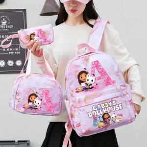 3 pezzi Gabby Dollhouses Zaino per bambini Astuccio per matite Borsa da scuola per lettere di cartoni animati Kawaii Zaino per ragazze di grande capacità Regali di compleanno 1