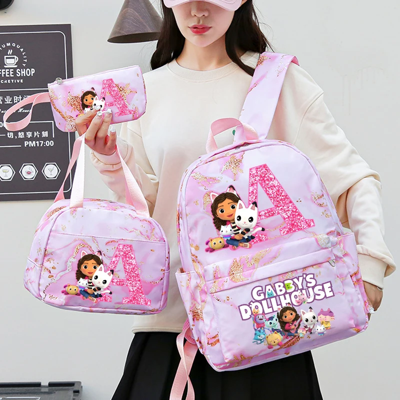 3 pezzi Gabby Dollhouses Zaino per bambini Astuccio per matite Borsa da scuola per lettere di cartoni animati Kawaii Zaino per ragazze di grande capacità Regali di compleanno 1