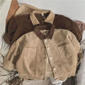 Cappotto vintage in velluto a coste solido per neonati Giacca con colletto rovesciato per ragazzi Primavera Nuove ragazze Moda per bambini Abiti versatili allentati 1