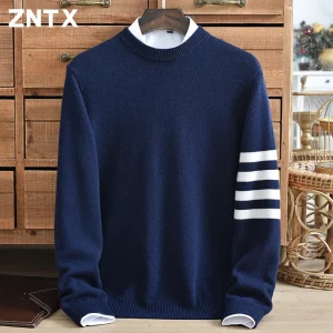 Maglione invernale da uomo in puro cashmere ispessito girocollo a righe color block camicia casual lavorata a maglia di fascia alta moda giovanile quotidiana 1