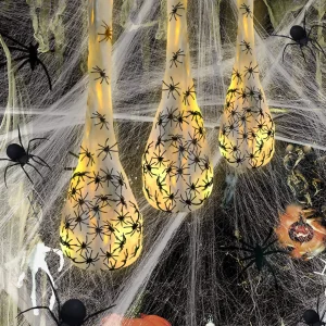 Sacche di uova di ragno appese di Halloween con luci, oggetti di scena realistici della casa stregata di ragni per decorazioni per feste di Halloween all'aperto al coperto 1