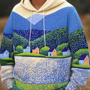 Felpa con cappuccio casual con stampa artistica sul paesaggio sul fiume da uomo Felpe chic oversize a maniche lunghe autunnali bohémien 2025 Tuniche Kpop unisex 1
