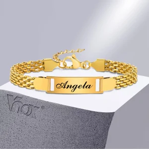 Vnox Braccialetti personalizzati per mamma e figlia con nome per bambino, cinturino in maglia di acciaio inossidabile color oro, regalo per battesimo personalizzato 1