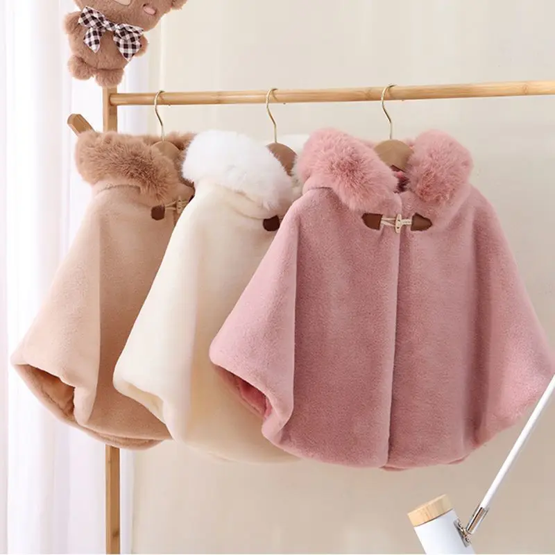 Imitazione Pelliccia Neonata Mantello Autunno Inverno Colore Solido Infantile Del Bambino Collo di Pelliccia Mantello Con Cappuccio Per 1-7Y Bambini Caldo Outwear Top 2