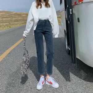 Jeans blu grigi da donna gamba dritta vestibilità ampia Petite dimagrante pantaloni in denim versatili a vita alta autunno/inverno nuovo arrivo 1