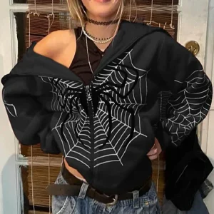 2024 Cross Border Spider Web Zipper maglione donna Casual Trendy felpa con cappuccio primavera e autunno cappotto americano in pile 1