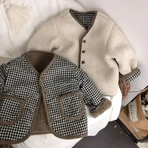 Nuovo cappotto in peluche scozzese per bambini Autunno e inverno Nuovo cappotto caldo I bambini su entrambi i lati Indossano cappotto Abbigliamento per ragazzi e ragazze 1