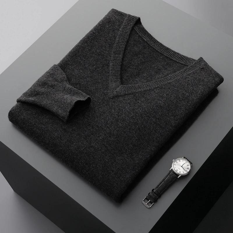 Autunno e inverno nuovi uomini con scollo a V in cashmere allentato ispessito tinta unita in lana lavorata a maglia che tocca il fondo camicia business casual maglione 4