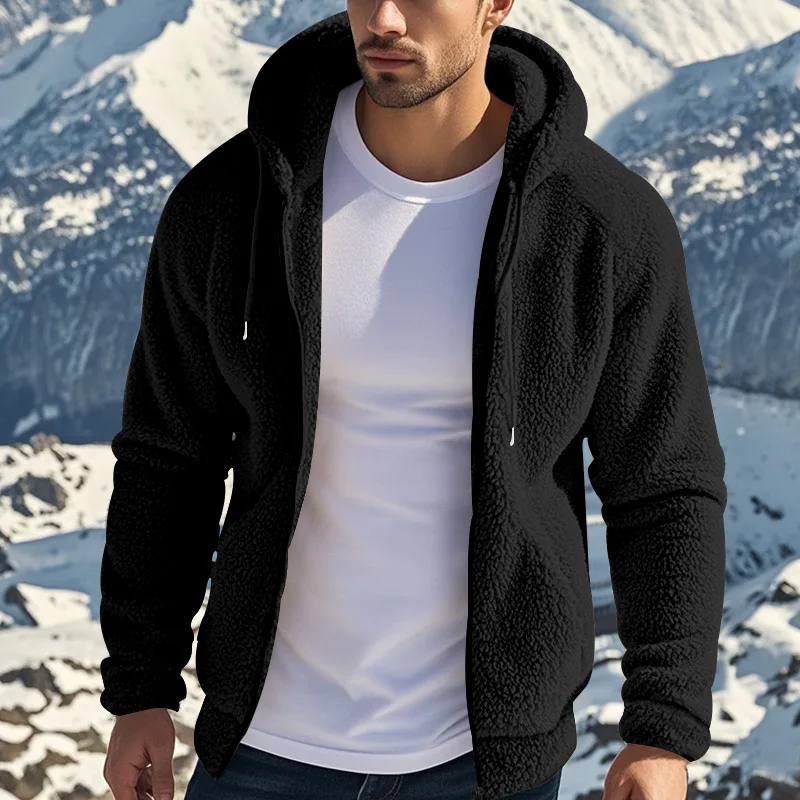 Giacca da uomo in pile double face calda ispessita autunno e inverno con cerniera cardigan allentato giacca casual con cappuccio 5