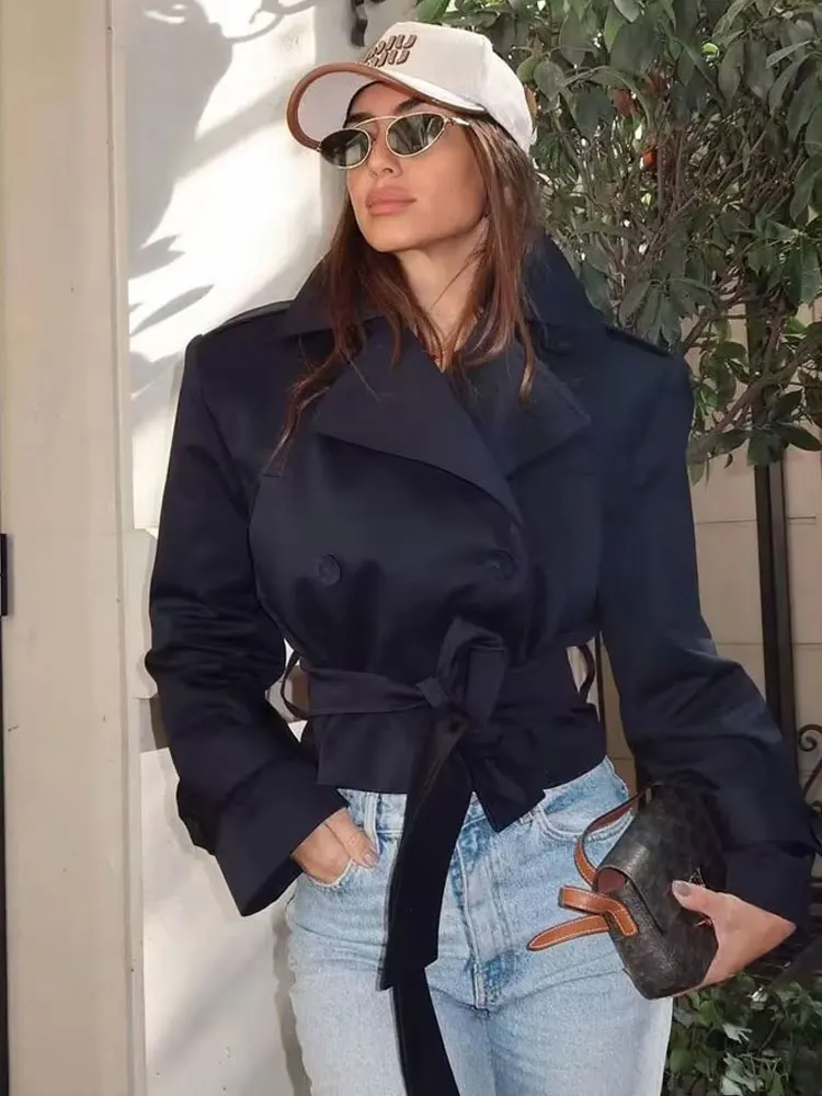 HH 2025 Primavera Retro Scollo a V Doppio Petto Tasca da Donna Top Giacca Allentata da Donna Street Casual Lace-up Trench Corto 4