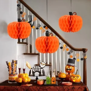 1/3/5 Centrotavola di zucca a nido d'ape di zucca di carta Decorazione da appendere per forniture per feste di festival autunnali di Halloween/Ranksgiving 1