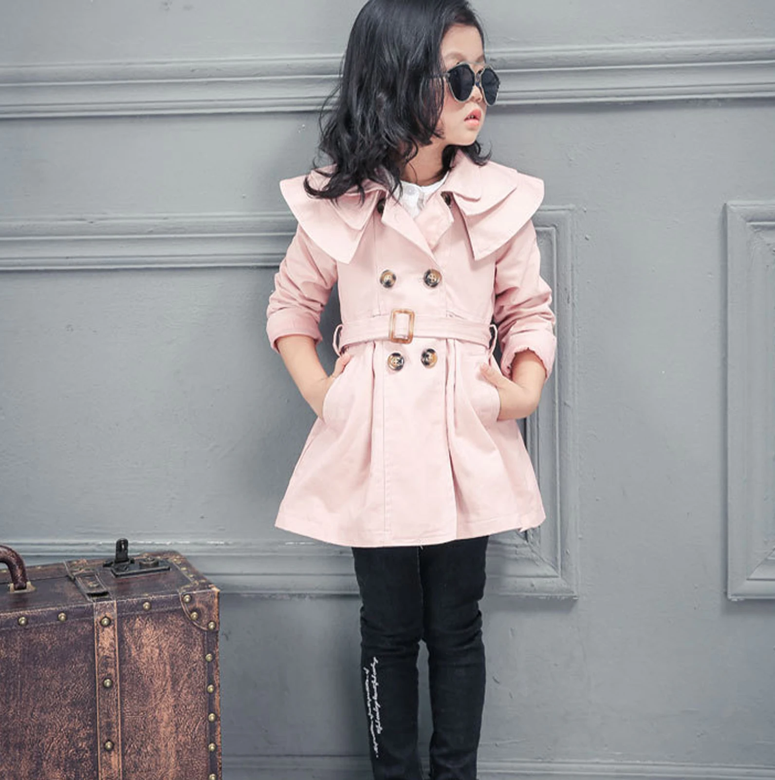 Trench per bambina doppio petto con volant e cintura invernale a maniche lunghe giacca a vento casual per bambini Trench per bambini 3