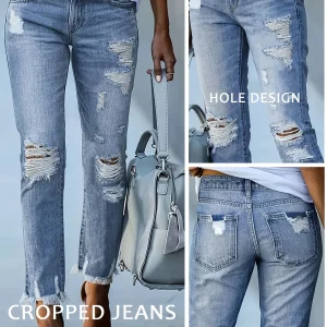 Jeans strappati skinny leggermente elastici alla moda da donna slim fit personalità semplice jeans a nove punti con design a vita bassa e bordo grezzo 1