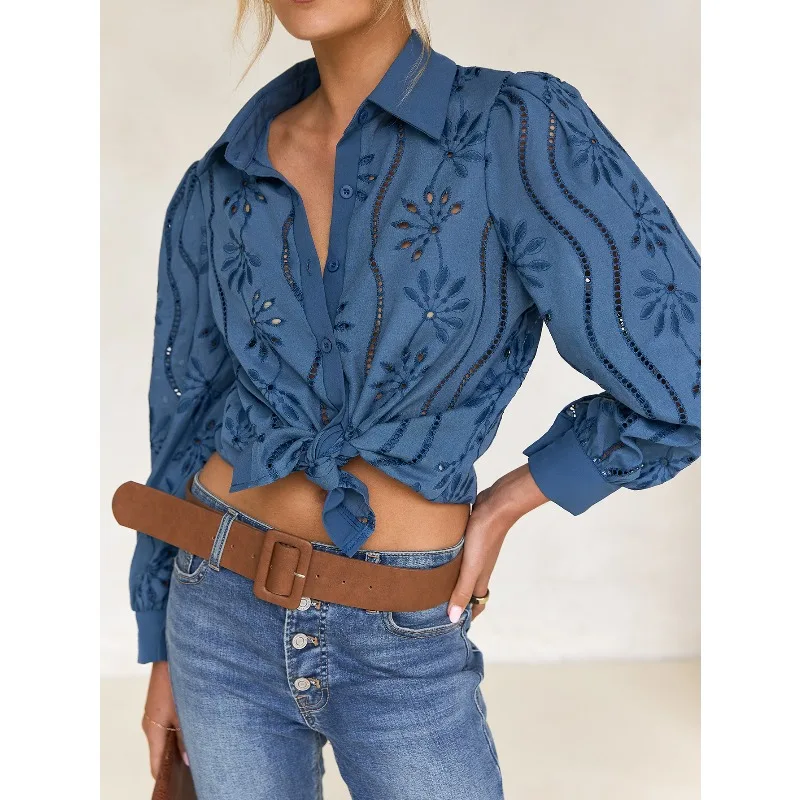 2025 Autunno Nuova Camicia Solido Casual Allentato Moda Hollow Puff Manica Cardigan Magliette e camicette Per Le Donne Ufficio Nero Scava Fuori Camicette 4