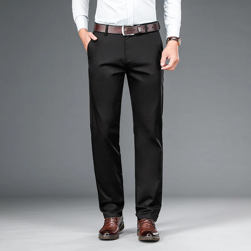 Pantaloni Casual da uomo elasticizzati pantaloni dritti da ufficio classici autunno nuovi comodi a vita alta marca maschile nero blu grigio 4