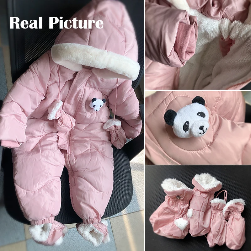 Cappotto invernale per bambini Simpatico panda pagliaccetto con guanti Neonato in cotone più velluto caldo tuta per bambini con cappuccio Set di abbigliamento infantile 0-18M 4