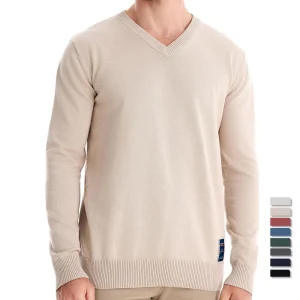 AIOPESON Maglioni pullover da uomo in cotone tinta unita con scollo a V Maglioni lavorati a maglia sociali casual a maniche lunghe per uomo 1