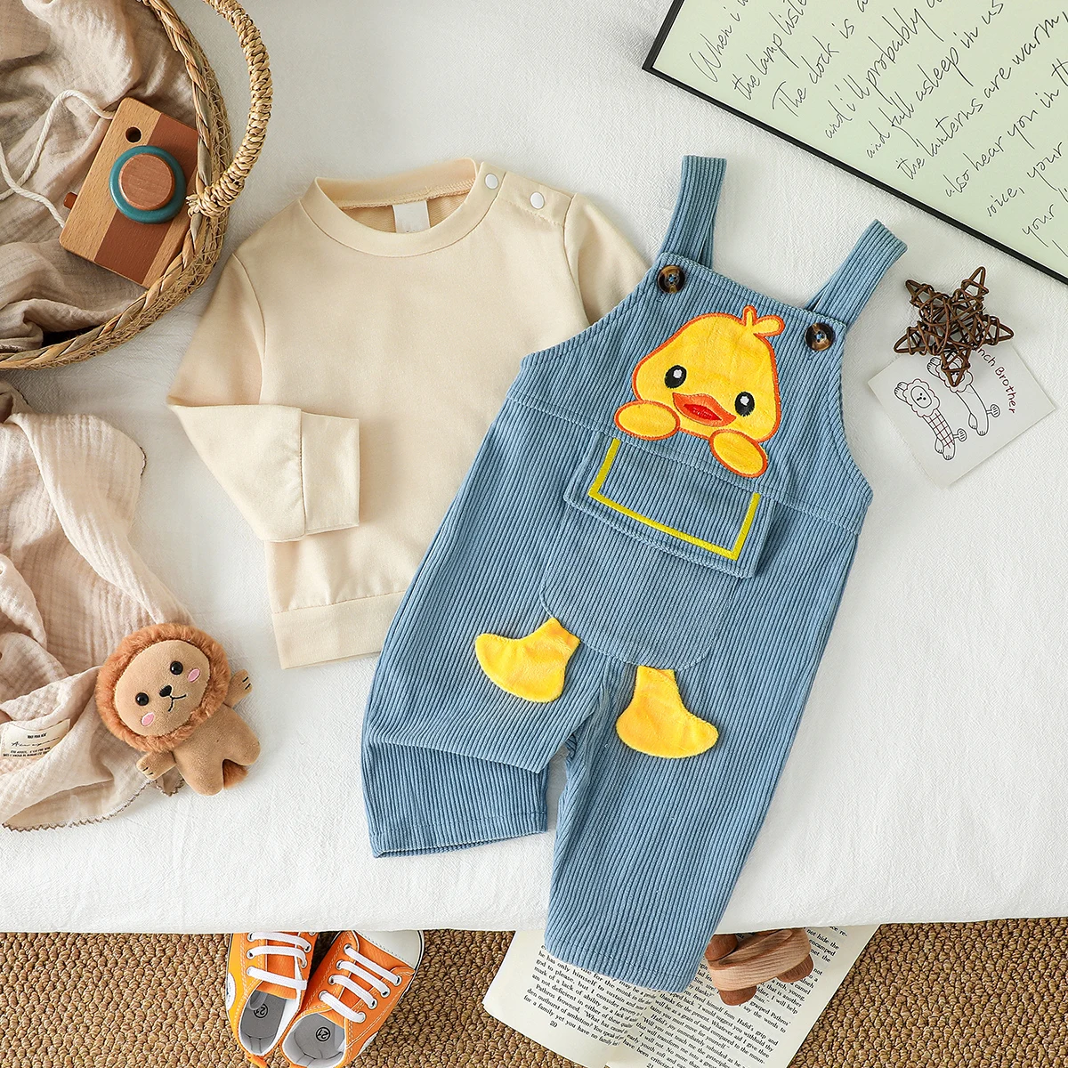 Neonate Ragazzi/Ragazze Outfit Autunno Manica lunga Girocollo T-shirt Ricamo Animali Pantaloni generali Autunno Outfit Set di abbigliamento 1-3Y 1