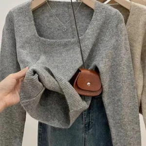 Maglione lavorato a maglia con colletto quadrato top donna 2024 autunno inverno coreano Solid Fashion Casual pullover a maniche lunghe abbigliamento donna 1