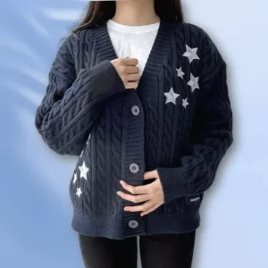 Cardigan lavorato a maglia blu navy di mezzanotte invernale Donna Primavera Y2k Casual Star Ricamo monopetto XS-5XL Maglioni Dropshiping 1