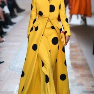 Beautyblue Cappotto di lana a pois Giacca lunga da donna 2025 Nuova manica lunga con giunto diviso Risvolto Elegante Capispalla giallo Donna 1