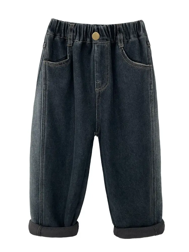 2-12Y Bambini Ragazzi Pantaloni in denim di un pezzo in pile addensato Autunno Inverno Casual Bambini Neonati maschi Pantaloni Bambino Ragazzi Jeans caldi 4