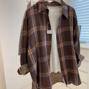 Camicia vintage da donna a maniche lunghe Camicia scozzese oversize Camicia con risvolto allentato moda autunno inverno Camicetta aderente 1