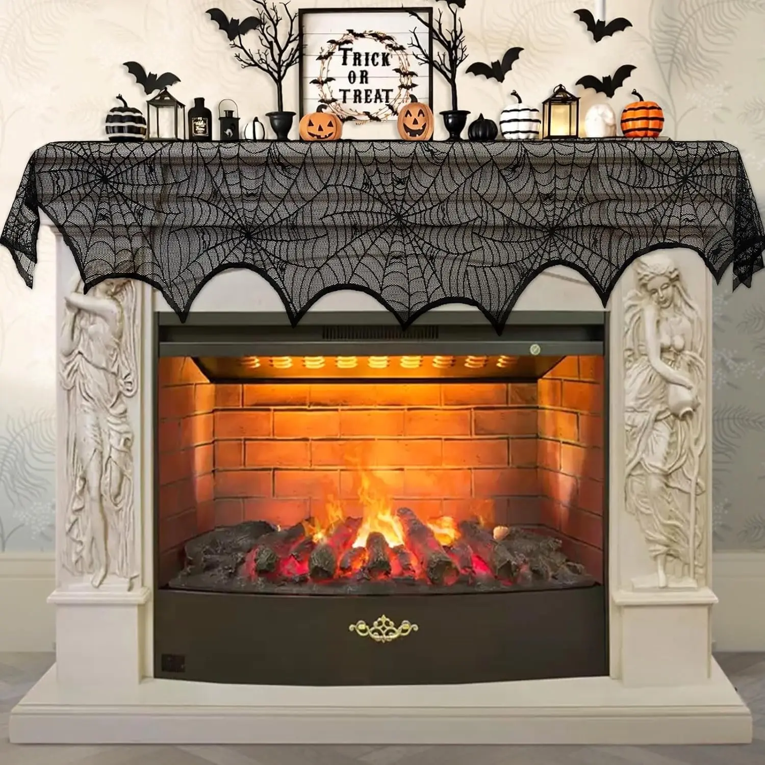 AerWo Decorazione di Halloween Pizzo nero Ragnatela Camino Mantello Sciarpa Copertura Forniture per feste festive 45 X 243 cm 18 x 96 pollici 3