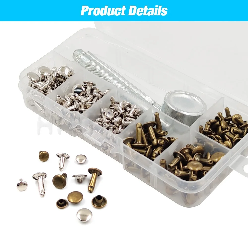 Rivetti a doppio cappuccio in metallo Chiodo a punta tonda con kit di attrezzi per scarpe Borsa Cintura Artigianato in pelle Riparazione Abbigliamento Accessori per indumenti 4