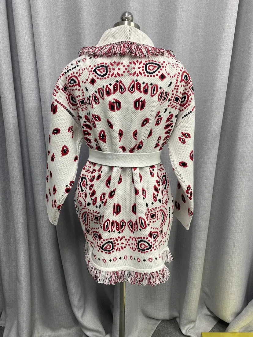 Cardigan da donna in cashmere con cintura elegante ispirato a Boho da donna Cardigan in maglia grigia jacquard con nappe di lana di alta qualità lungo oversize 6