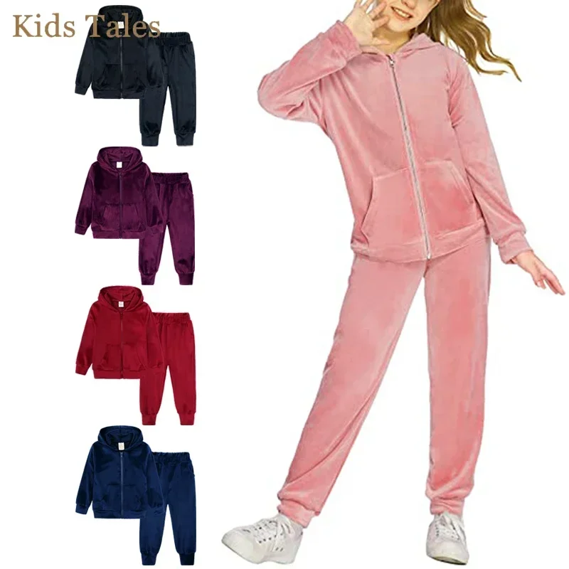 2 pezzi bambini ragazzi ragazze felpe con cappuccio in velluto abiti bambino bambino inverno manica lunga felpa + tuta tuta abbigliamento per bambini Set 1