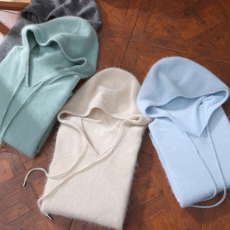 Maglione con cappuccio da uomo autunno inverno 100% maglione di cashmere visone pullover lavorato a maglia casual top lavorato a maglia allentato tinta unita a maniche lunghe 5