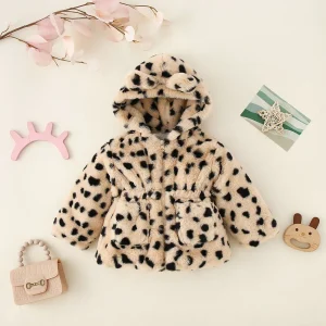 Cappotto da bambina Autunno/Inverno Stampa leopardata Giacca da ragazza calda con cappuccio Orecchie carine Capispalla per bambini Vestiti invernali per bambini 1