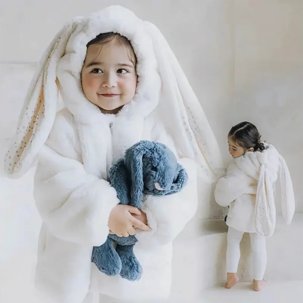 Giubbotti per bambina per 1-7 anni Primavera Inverno Pile Bambino Bambino Caldo Coniglio Cappotto con cappuccio Bambini Ragazze Capispalla lunghi Vestiti per bambini 1