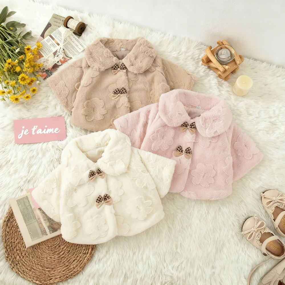 Abbigliamento invernale per bambina Cappotto scialle da ragazza caldo foderato in shearling tinta unita Adorabile colletto con fiocco Capispalla per bambino 1