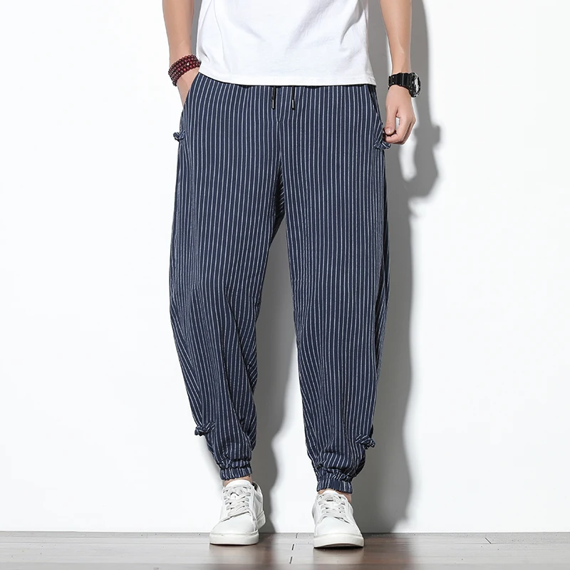 pantaloni uomo abbigliamento uomo vestiti di marca Pantaloni Harem a righe con fibbia a disco da uomo quattro stagioni pantaloni a matita in lino di cotone traspirante fibbia pantaloni Casual Bloomers moda 5
