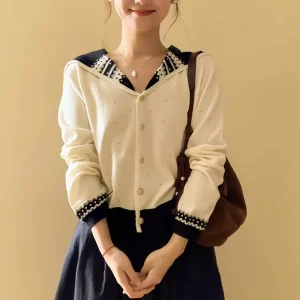 Maglione cardigan lavorato a maglia elegante con colletto alla marinara a maniche lunghe da donna autunno 2025 Maglieria casual in stile coreano moda invernale 1